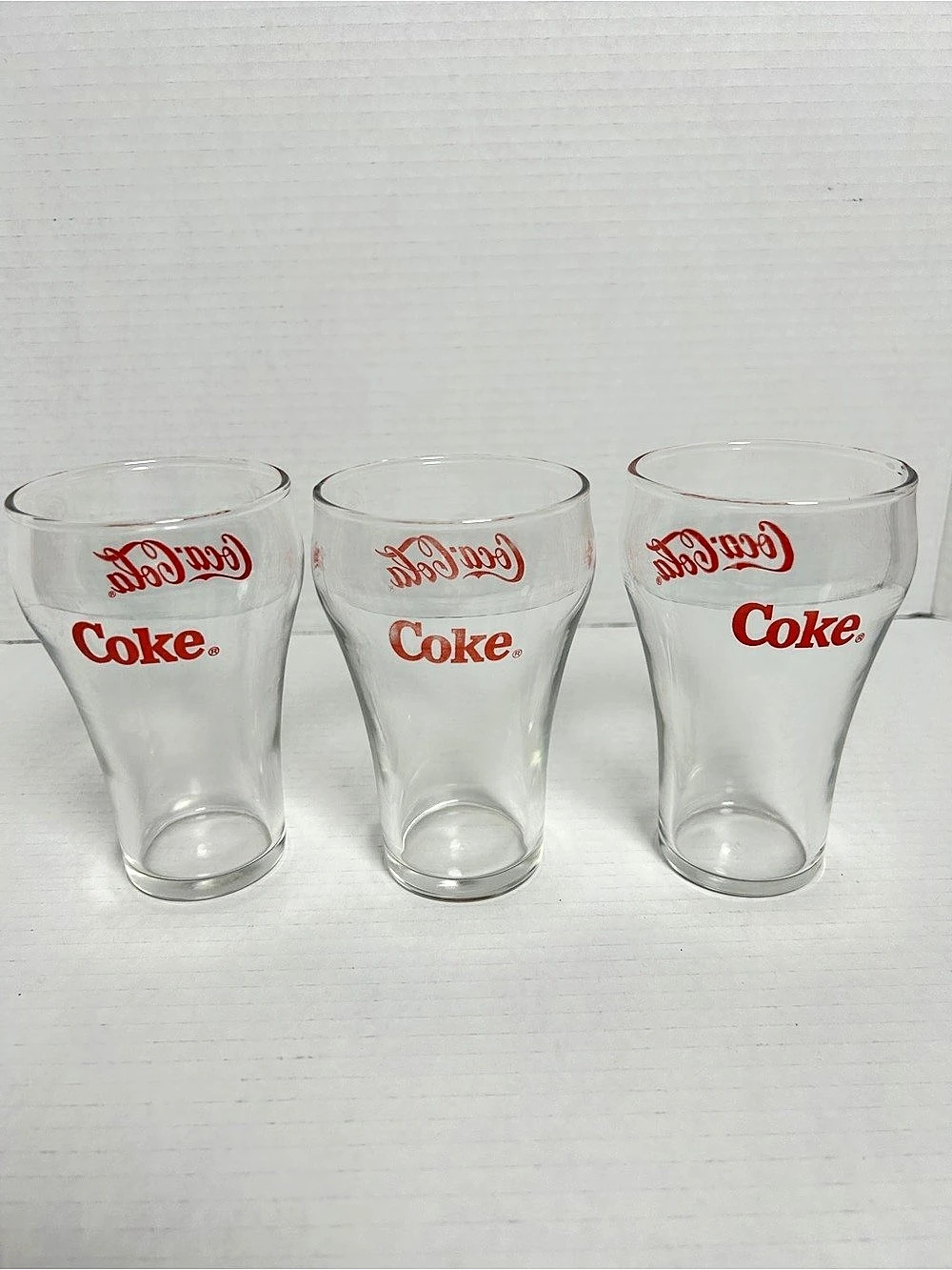 Vintage Coca-Cola Contour Drinking Glass Set of 3 Coke Glasses in Clear & Red